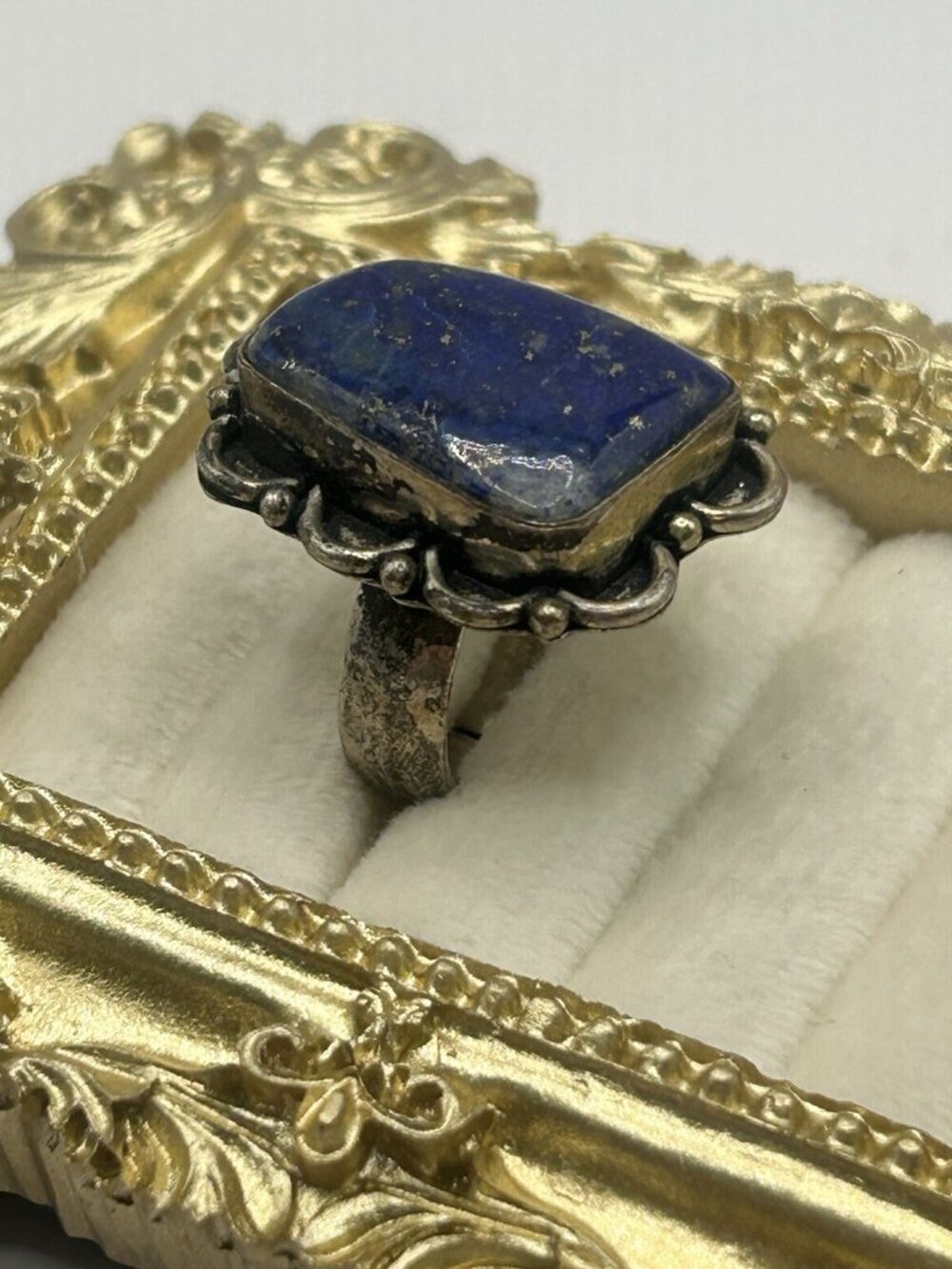 Vintage Lapis Lazuli Adjustable Ring Blue Stone Boho Statement Silver Tone Big - Picture 12 of 16